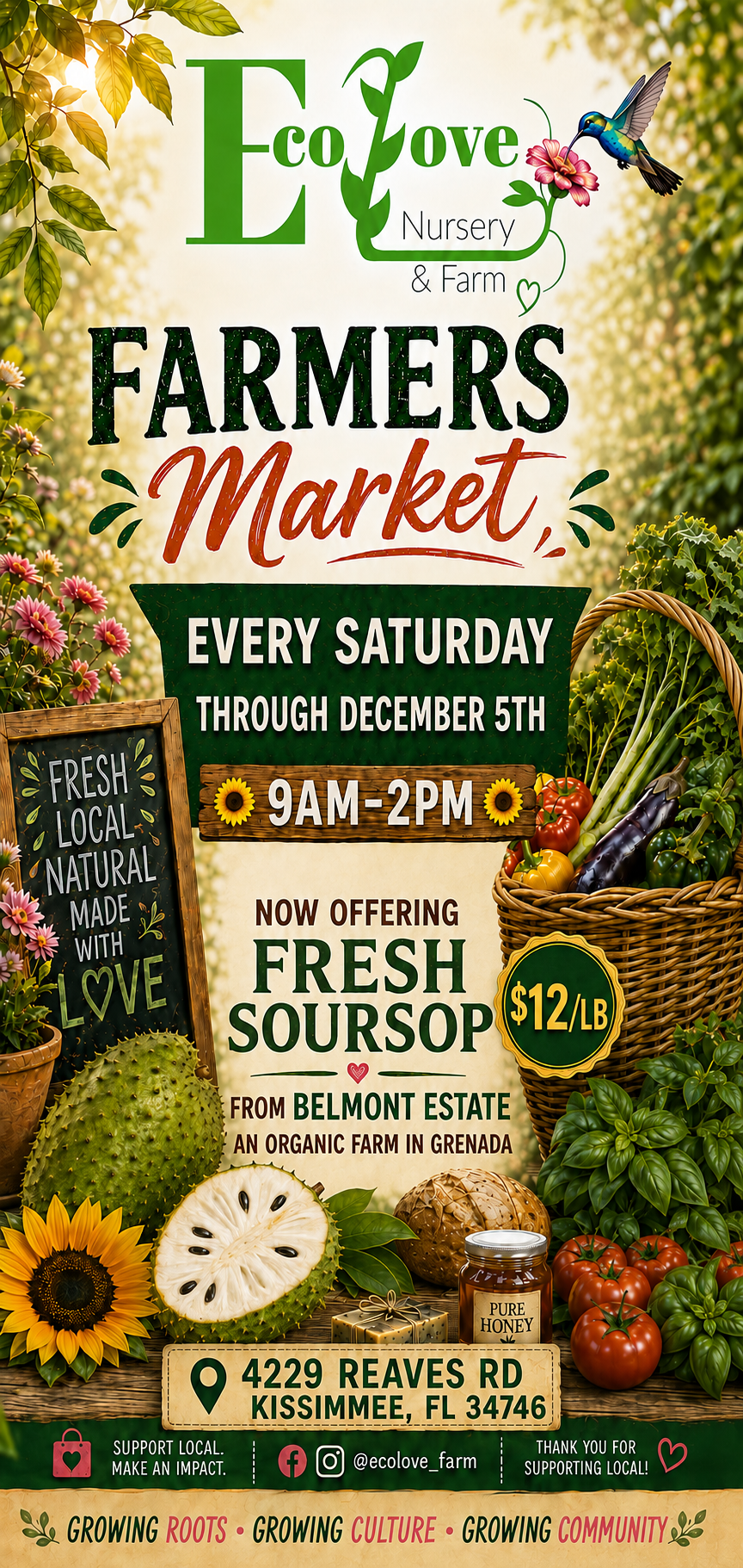 EcoLove Farmers Market flyer: every Saturday 9AM-2PM at 4229 Reaves Rd, Kissimmee, now offering fresh soursop