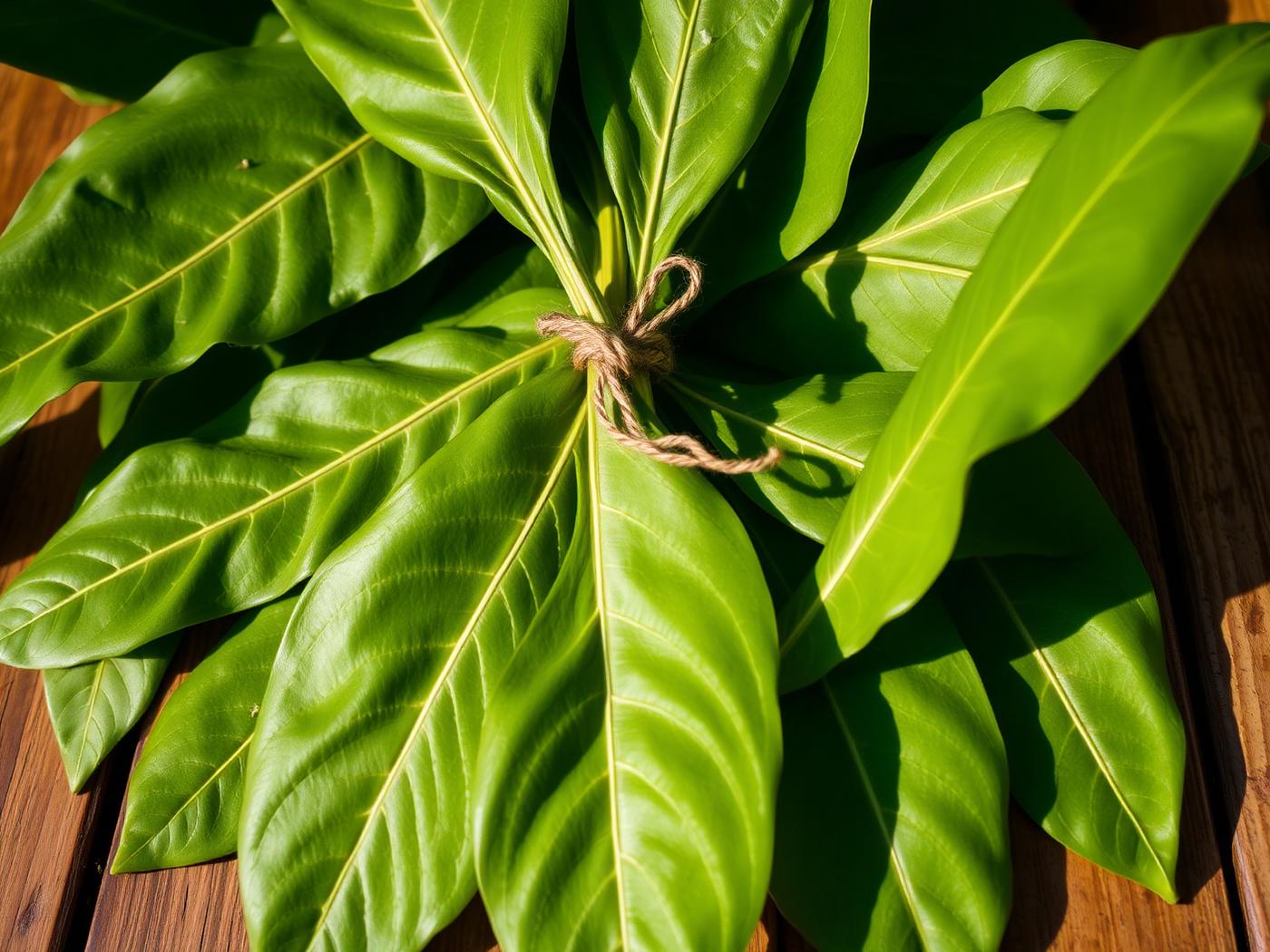 Slow dehydrated soursop leaves arranged on a wooden farm table